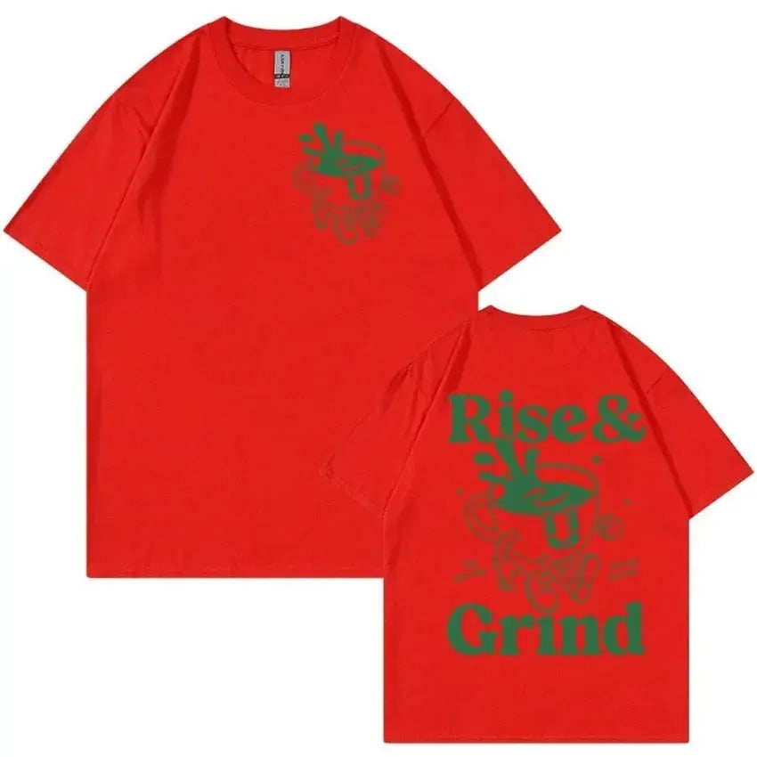 Men's loose fit light grey t-shirt with a green 'Rise and Grind' coffee cartoon print on the front.