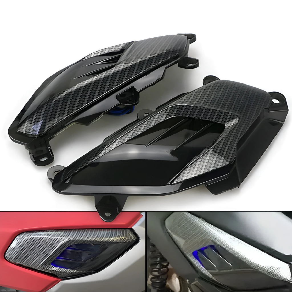 Pair of YAMAHA NMAX side lamps with carbon fibre decoration and blue LED light