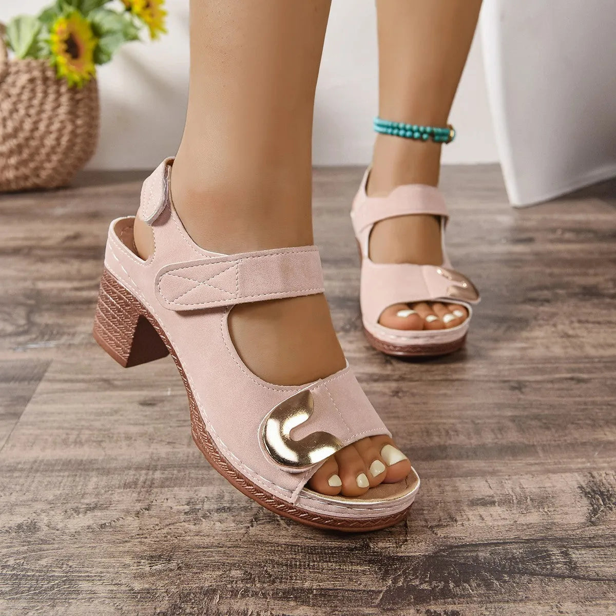 Velcro Roman sandals with round toe design in light brown colour