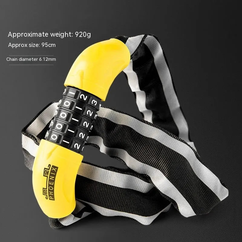 95cm black zinc alloy mountain bike chain lock with anti hydraulic shear protection shown securing bicycle frame