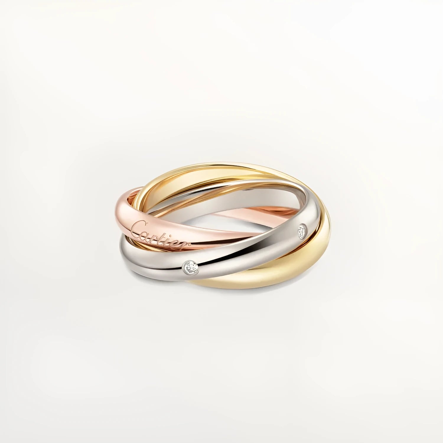 Geometric U-shape sterling silver couple ring with a full diamond band, shown in a gold rose silver finish.