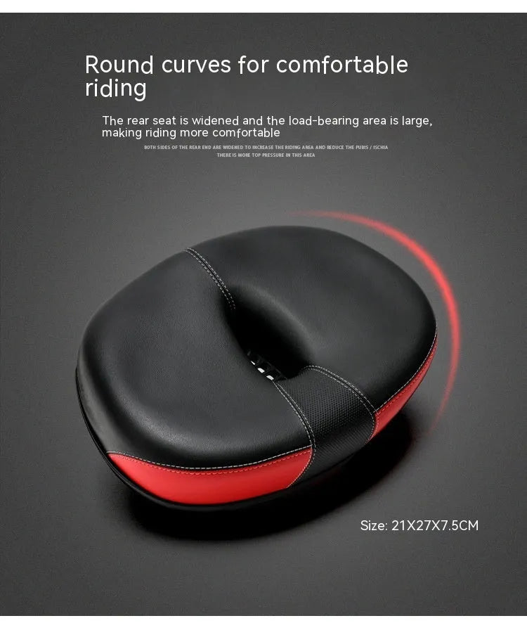 Large red bicycle saddle with reflective stickers, showing thickened design and shock absorber.