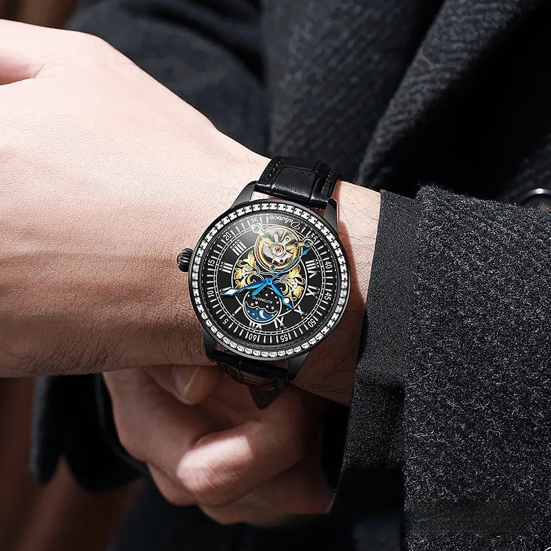 Men's mechanical watch with transparent case back showing movement and stainless steel strap