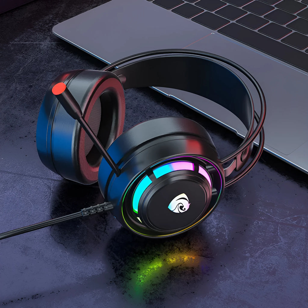 Black wired over-ear gaming headset with microphone and a long cable showing 3.5mm and USB plug options.