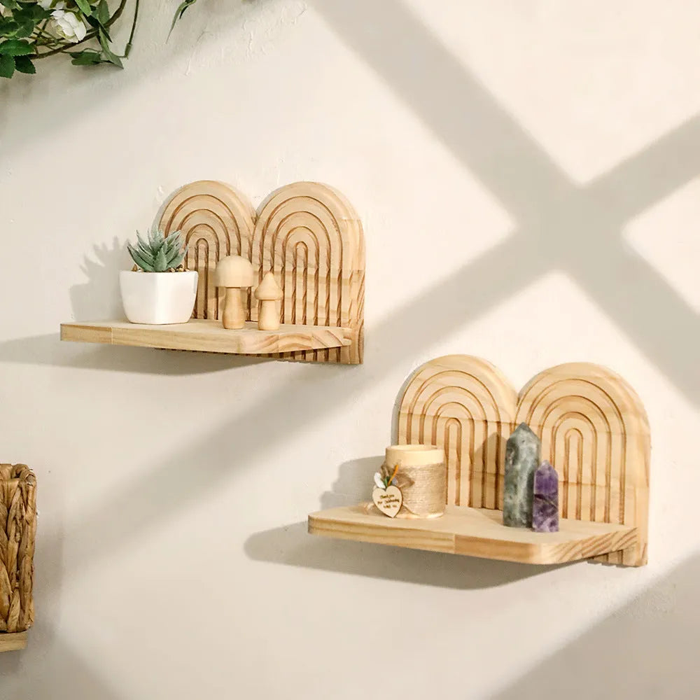 Wooden wall-mounted flower pot rack with multiple tier options for indoor plant display