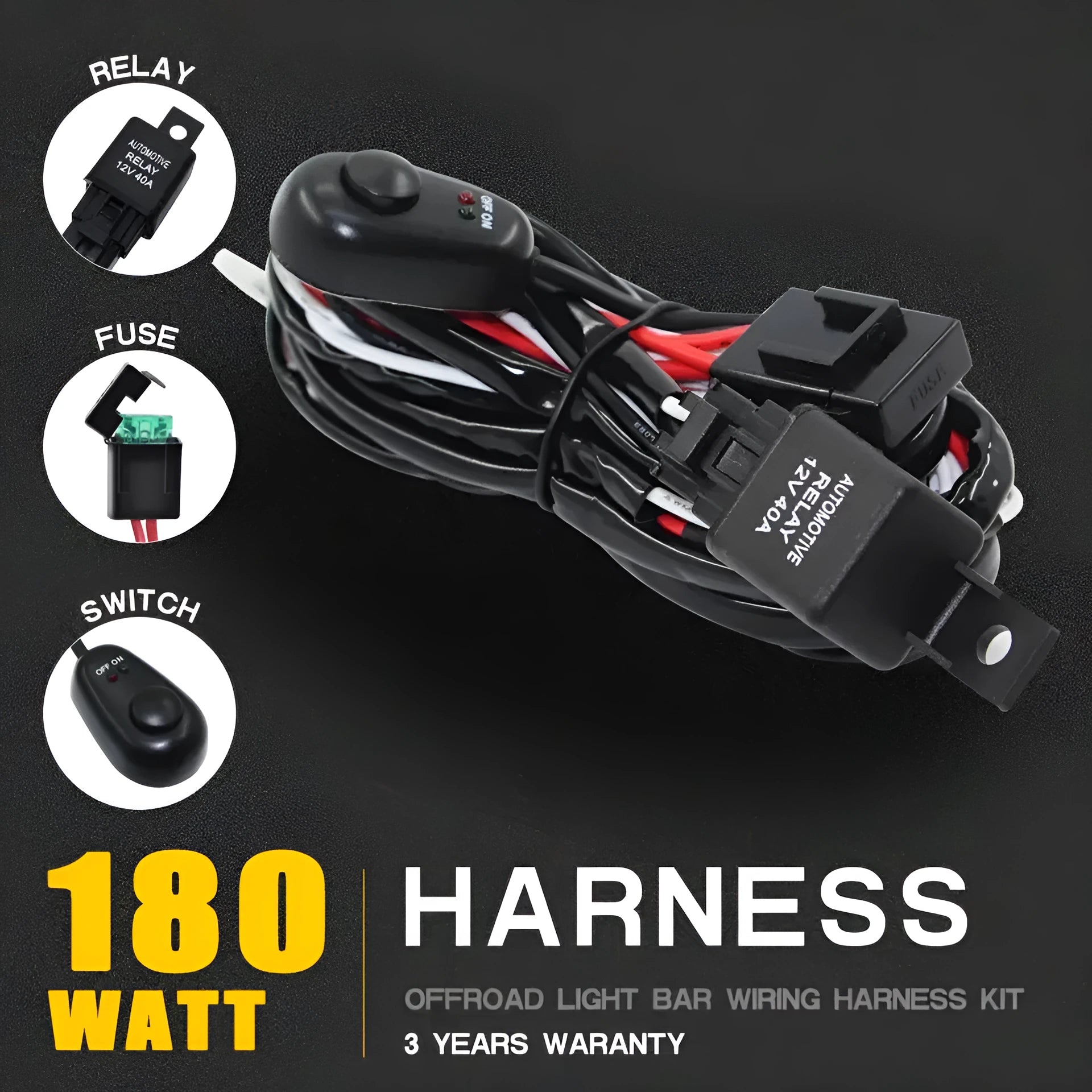 Automotive LED work light wiring harness with 2 metre silicone cable and one-to-two connector