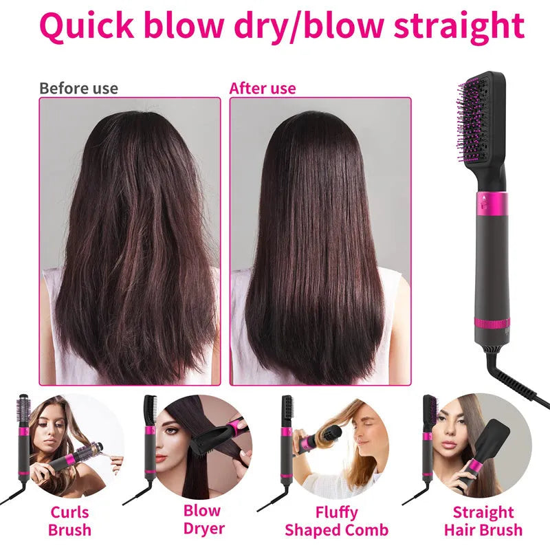 Dyson grey 5-in-1 hair dryer brush kit with five interchangeable styling heads on a white background.