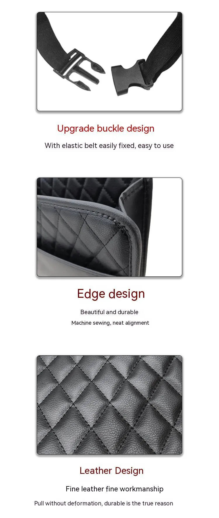 Leather car interior hanging storage bag in colour choice, showing handle and 25cm dimensions.