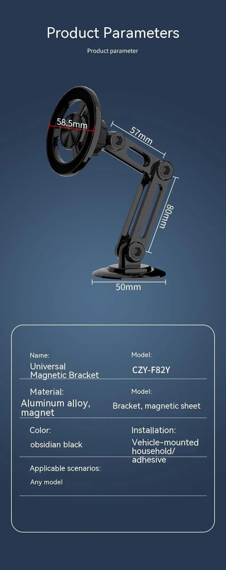 All-metal magnetic car phone holder in black, silver, gold, and rose gold colours with spare rings and adhesives