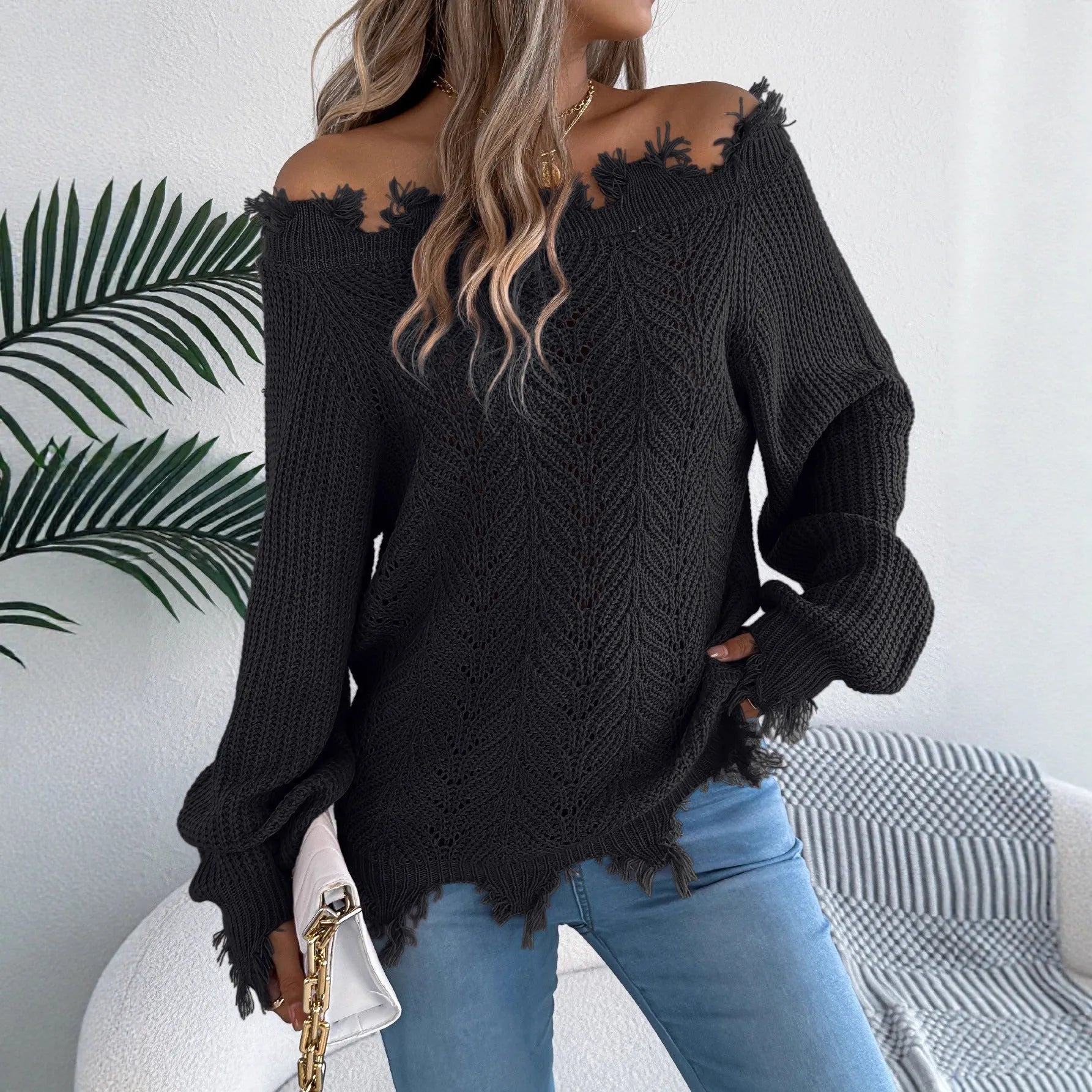 Hollow-out cut-off-the-shoulder pullover sweater in artificial wool acrylic fibre, available in white, orange, and black colours
