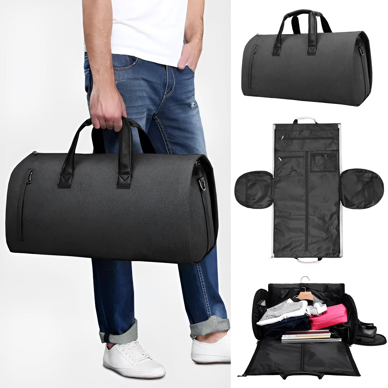 Light grey oval travel bag with multiple internal compartments for organisation.