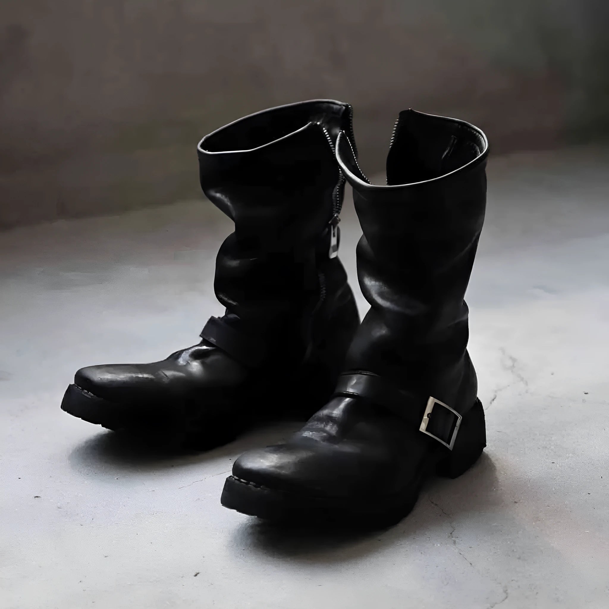 Men's dark retro Martin boots with side zipper closure and round toe in black colour