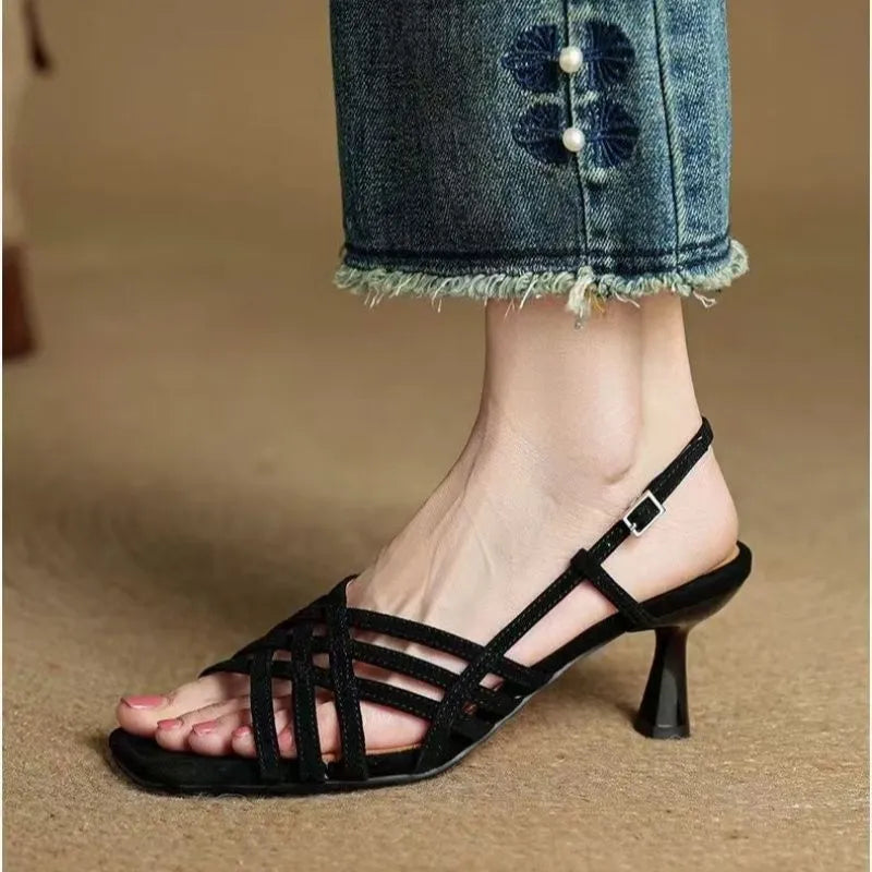 Retro artificial PU leather cross-strap high heel sandals with ankle buckle and square toe