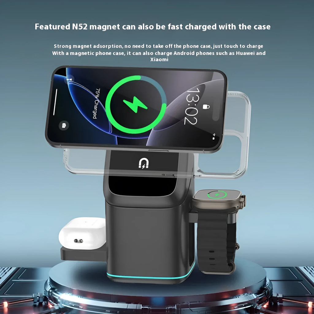 Black mobile phone magnetic wireless charging stand showing 180-degree rotation mechanism