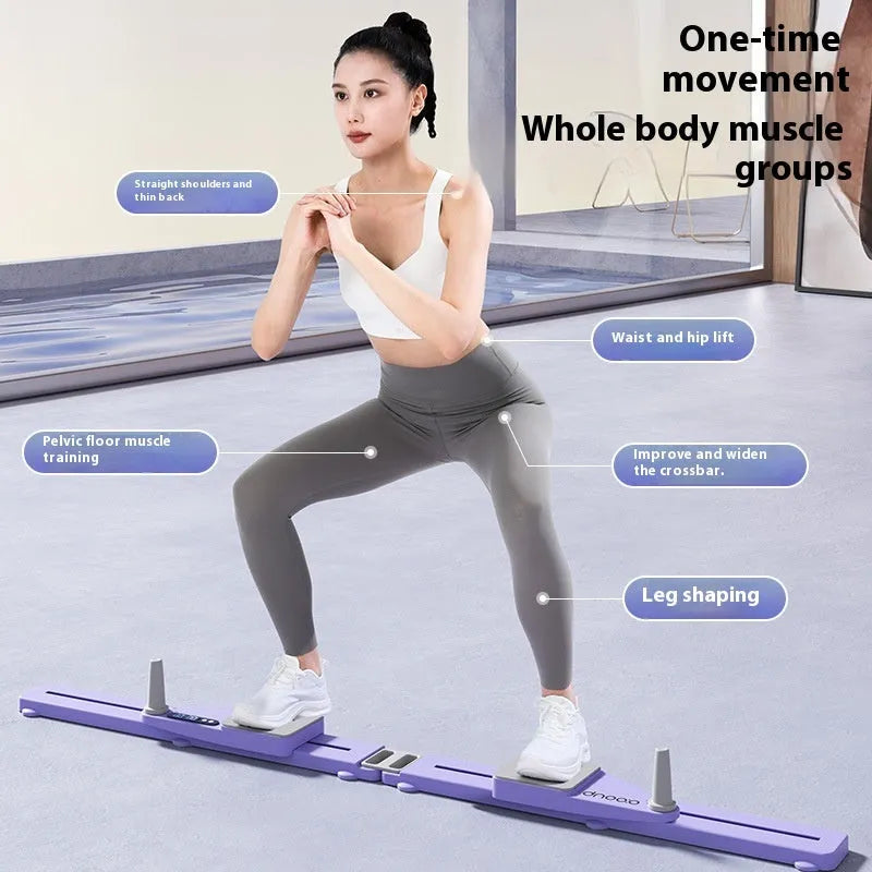 A purple split multifunctional skiing machine trainer for home fitness on a floor.