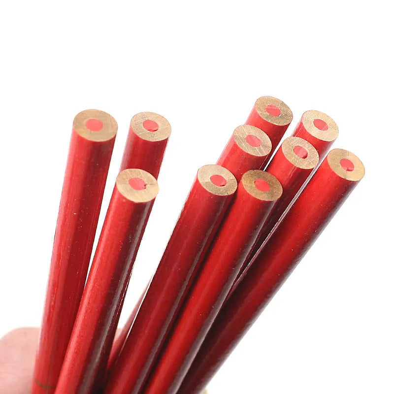 Set of ten red and blue round wooden carpenter's pencils for marking.