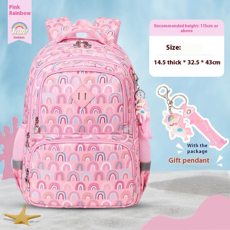 Blue children's school backpack with dinosaur print, showing curved straps and modern design.