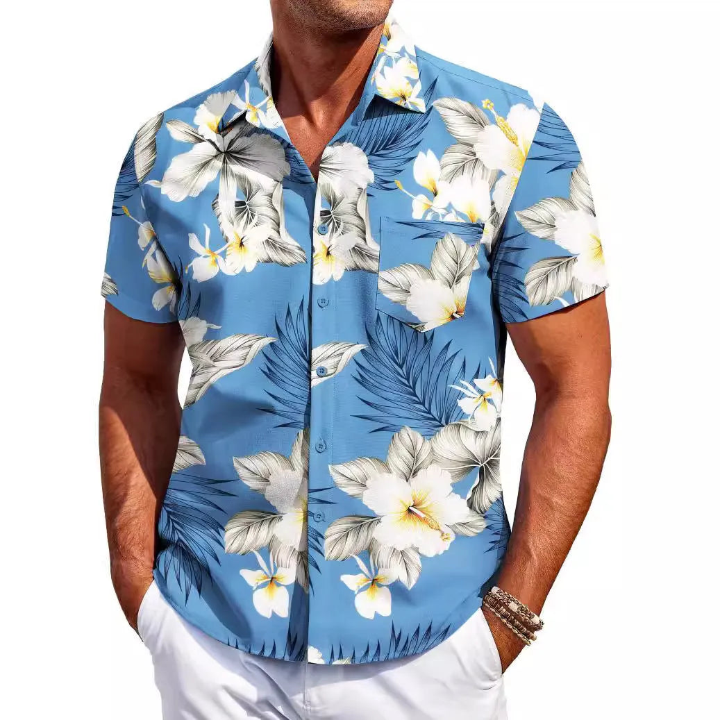 Man wearing a slim fit short sleeve Hawaiian print cardigan shirt in a solid colour.