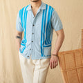 Striped knitted polo cardigan with lapel collar and short sleeves in cotton blend fabric