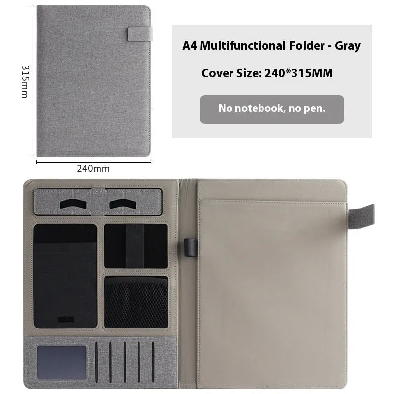 A4 leather business folder in black colour showing document storage and pen holder