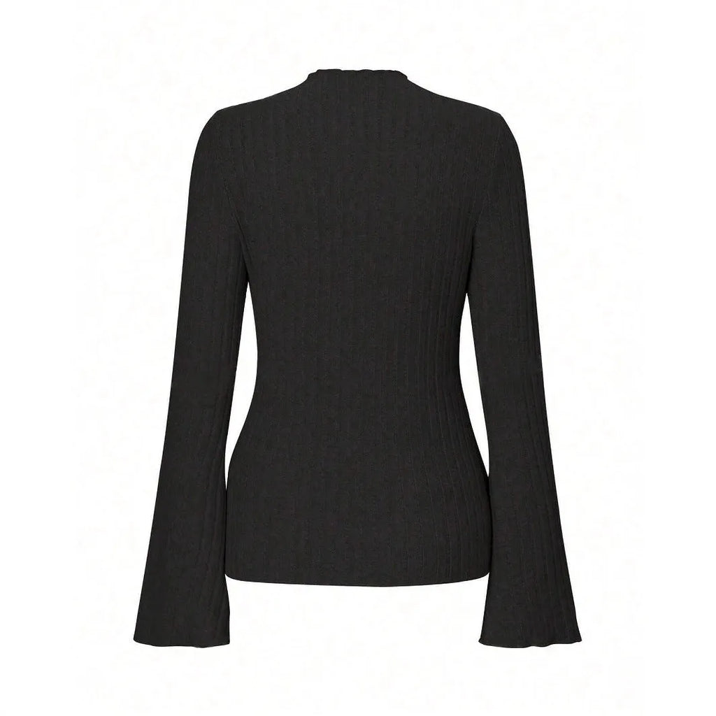 Men's slim fit long sleeve top in black with sunk stripe pattern and lantern sleeves