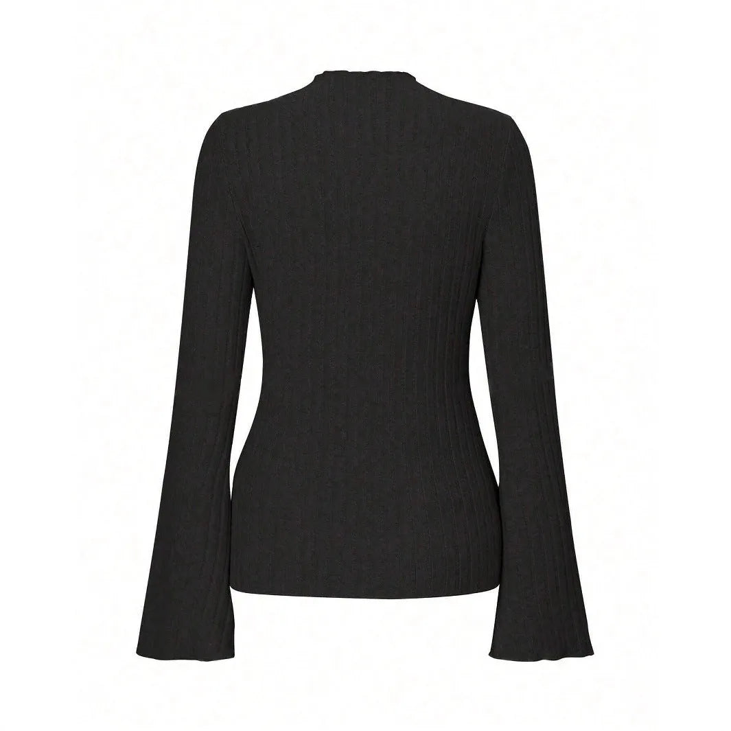 Men's slim fit long sleeve top in black with sunk stripe pattern and lantern sleeves