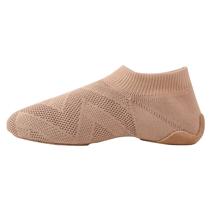 Camel colour Latin dance shoes with cotton mesh upper and leather sole for contemporary dance