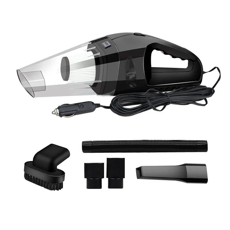 Orange, black, and blue 12V portable handheld car vacuum cleaner with power cord.