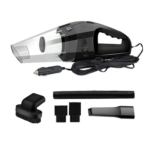 Orange, black, and blue 12V portable handheld car vacuum cleaner with power cord.