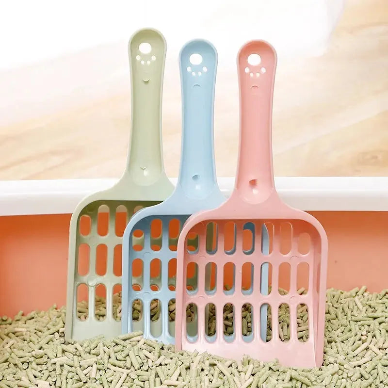 Plastic cat litter scoop in blue, green, or pink colour, showing 20cm length