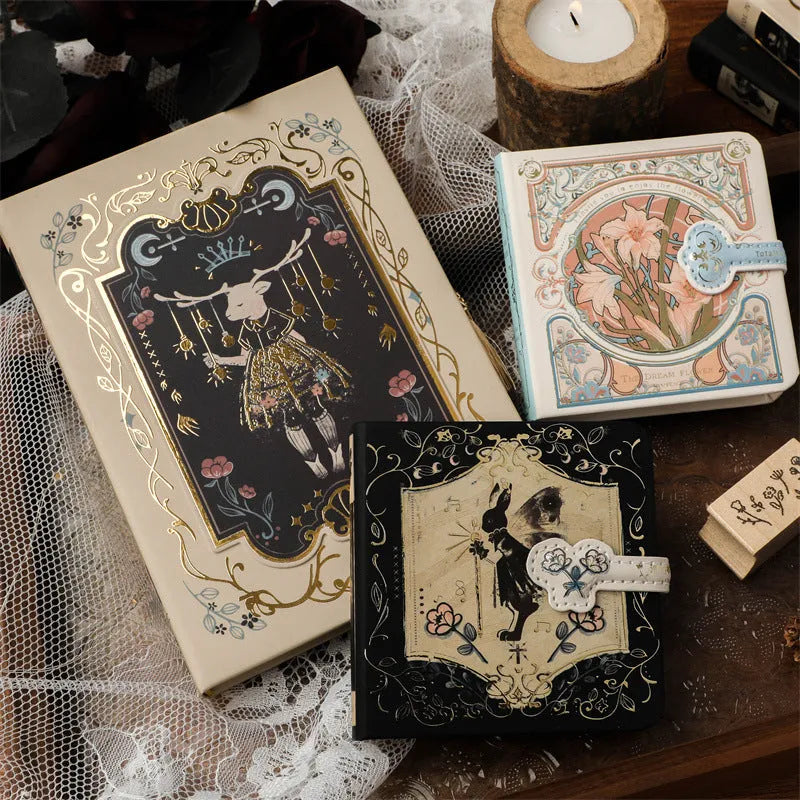 A5 hardcover notebook with gothic retro art cover, open to show 40g wood pulp paper.
