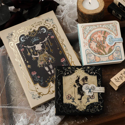 A5 hardcover notebook with gothic retro art cover, open to show 40g wood pulp paper.
