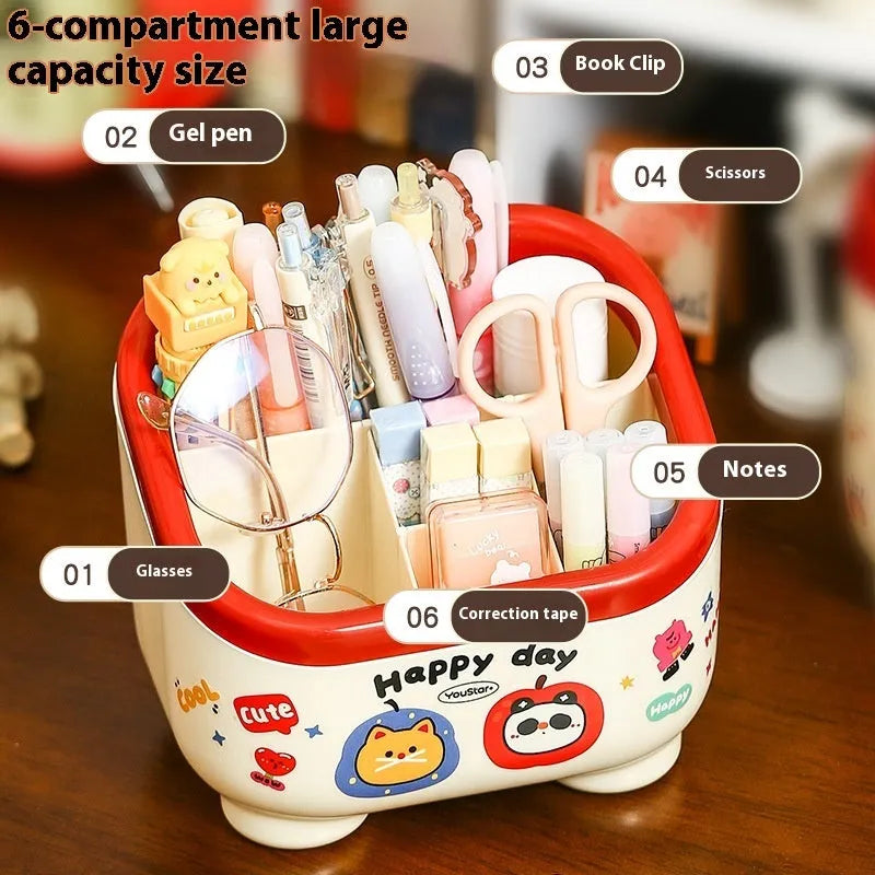 Cartoon style desktop storage set with plastic boxes, pen holder, and trash can in red or brown colours