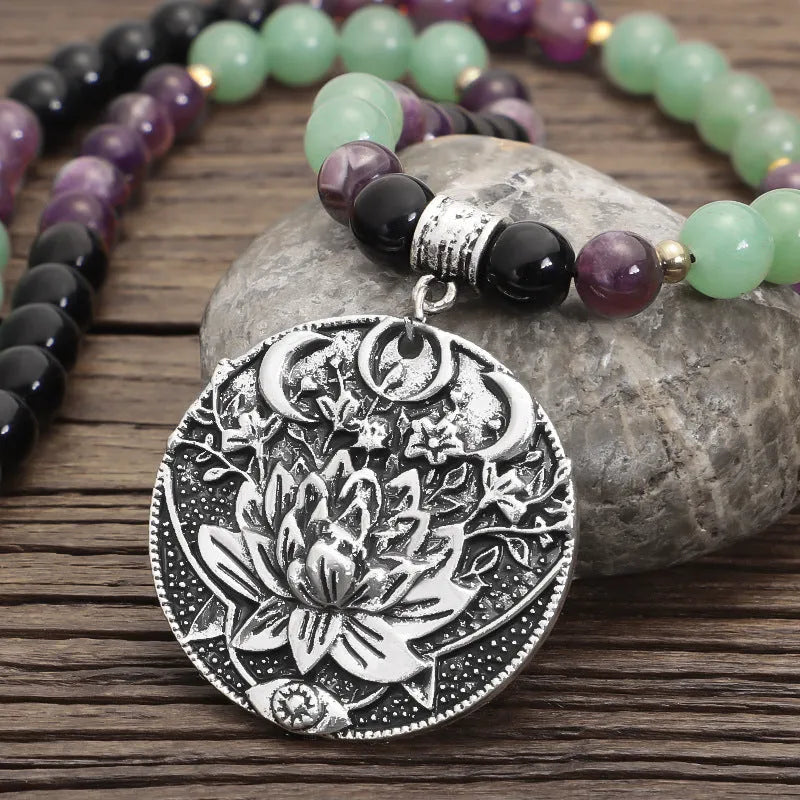 Yoga lotus pendant necklace with matching bracelet, handmade stone beads, geometric design, adjustable length