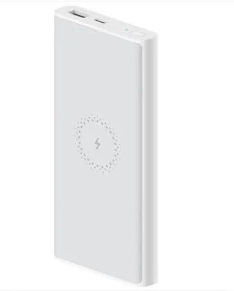 White and black 10000mAh power bank with USB Type-C port and wireless charging surface.