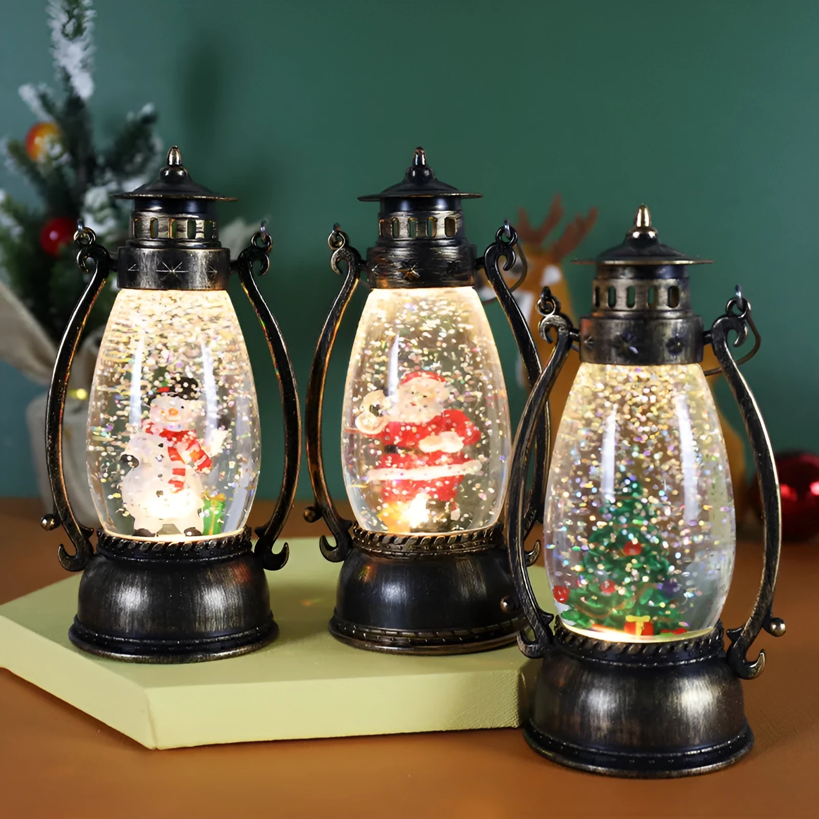 Desktop Christmas oil lamp with glowing crystal ball base in snowman or elderly character style.