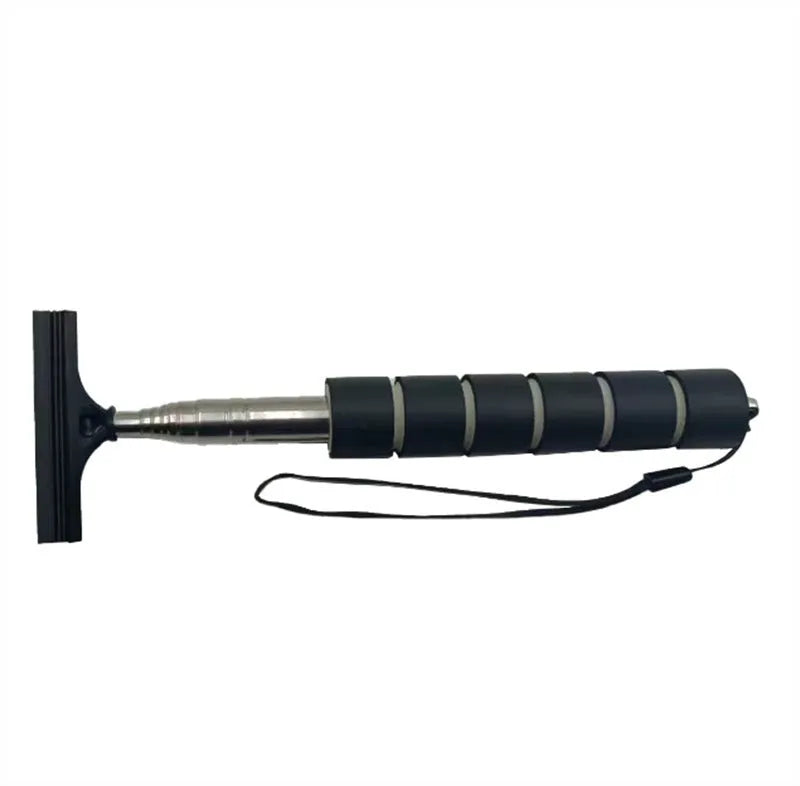 Retractable stainless steel car rearview mirror wiper extended to show full length.
