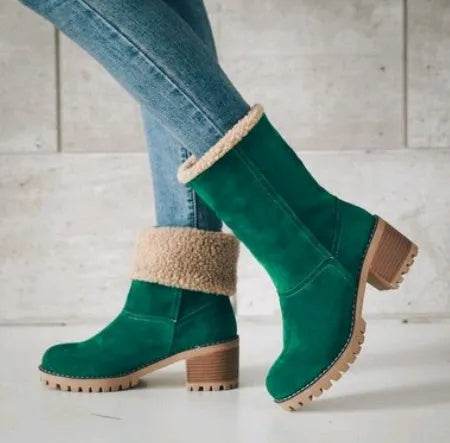 Mid-tube thick heel suede snow boots with round head and flat heel in black gray green khaki orange