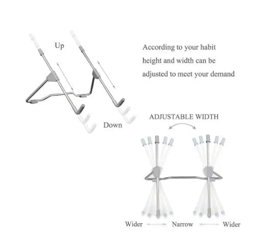 Grey aluminium alloy mobile phone and laptop stand with adjustable height and angle mechanism.