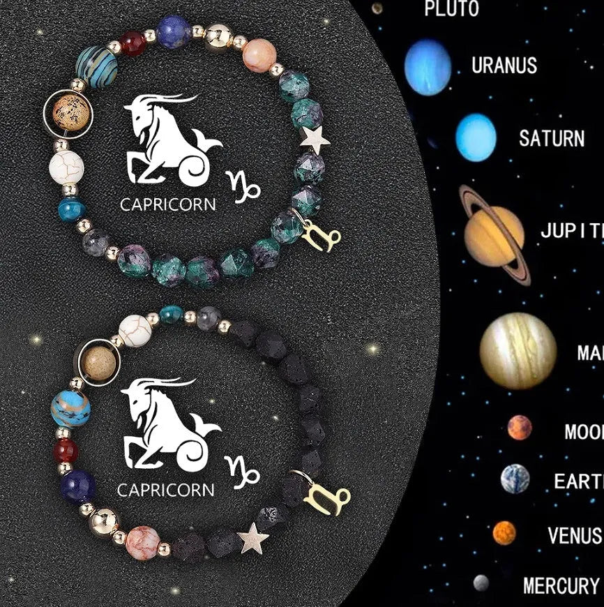 Two natural stone beaded bracelets with zodiac sign charms, representing a 12-style astrology set.