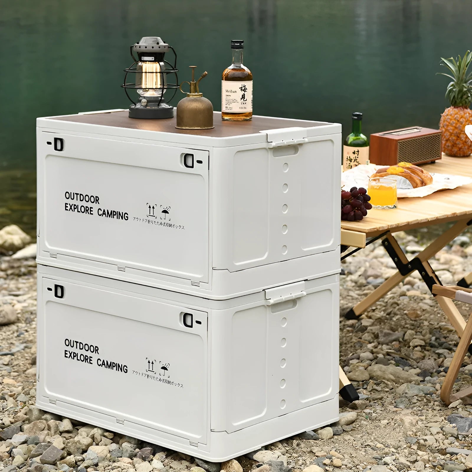 Large foldable plastic storage box in Nordic green colour with wooden lid