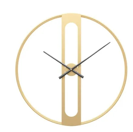 A large 50cm round metal wall clock on a wall, shown in black and gold colour variants.