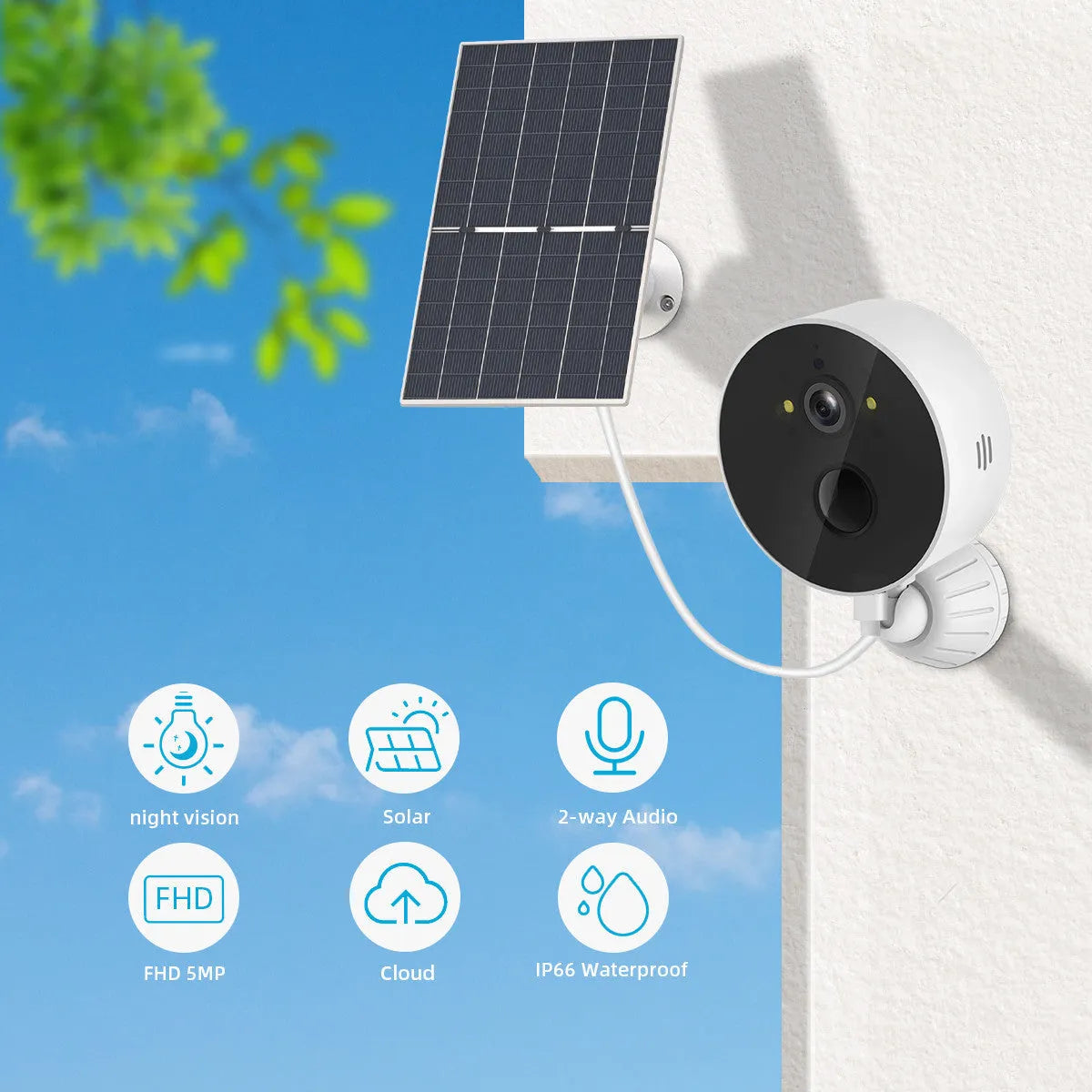 Solar panel powered 1080P outdoor security camera with battery and low power consumption design