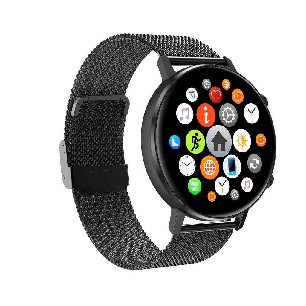 DT96 smart bracelet with steel strap on wrist, showing 1.3-inch screen.