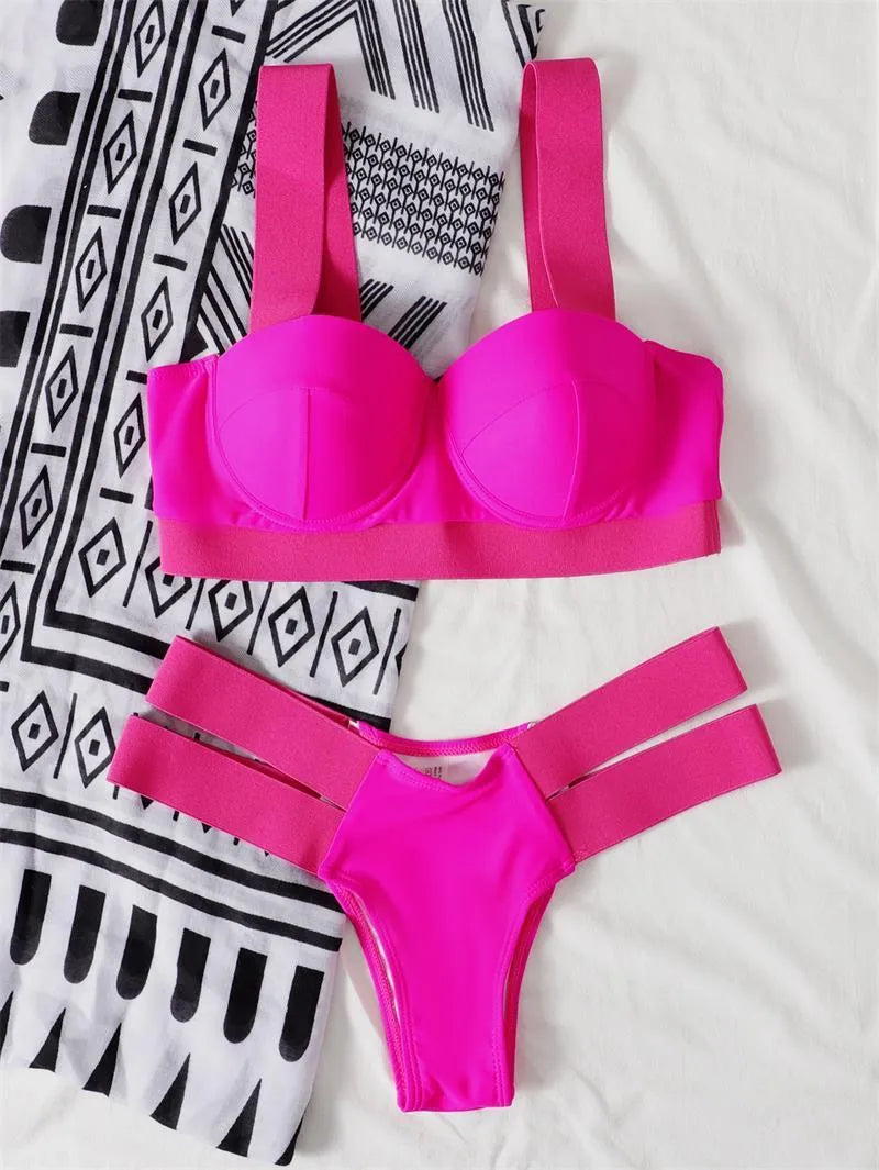 Women's contrast colour bikini with steel bracket push-up board in nylon fabric