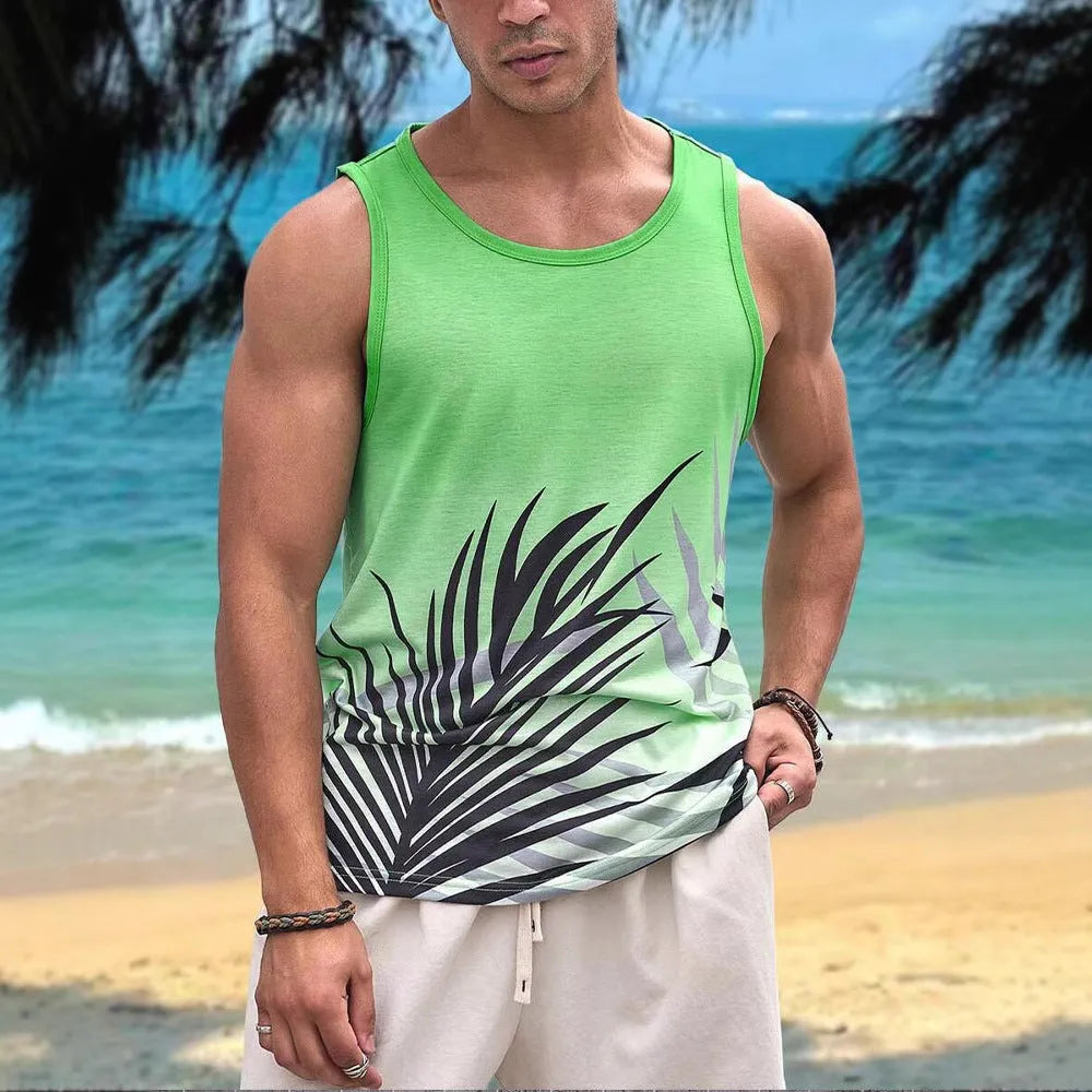 3D printed men's sleeveless vest in solid color Hawaiian style made of pinhole cloth fabric