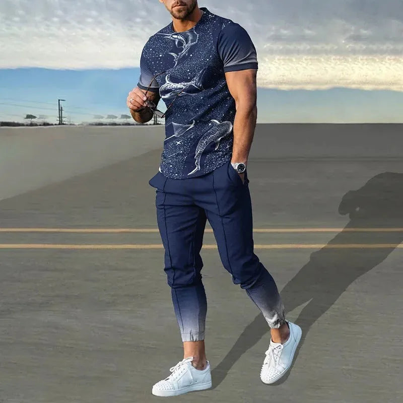 Men's short-sleeved pullover and trouser set in chemical fibre blend fabric for sports