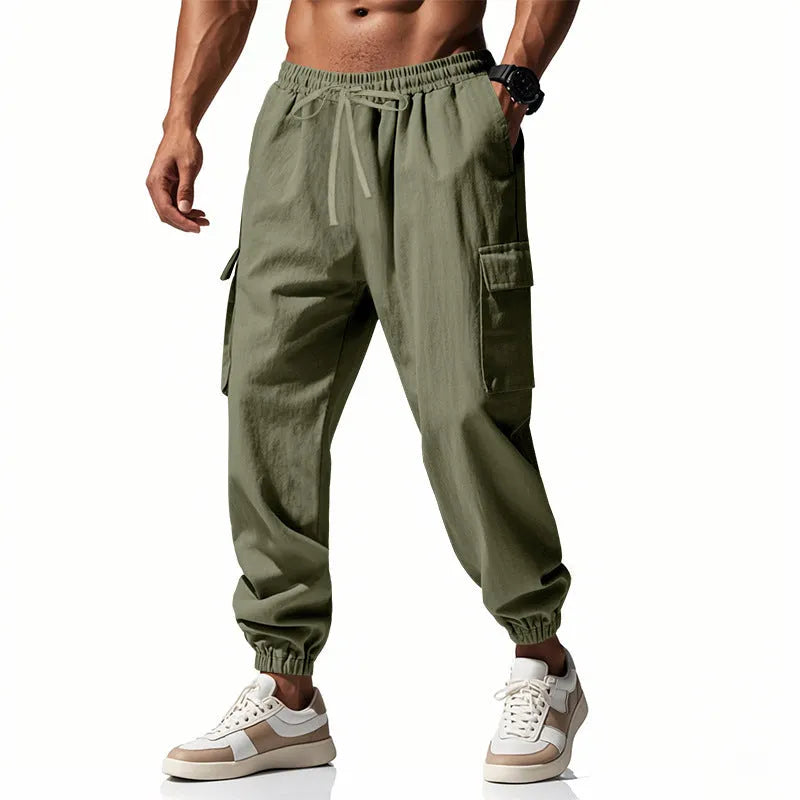 Men's linen casual trousers with drawstring waist and ankle-tied cuffs in solid colours