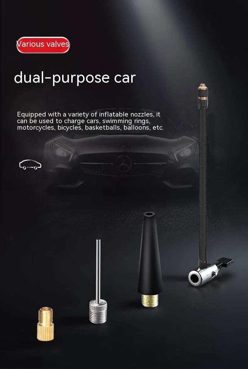 Red and black portable car tyre inflator with digital display, battery, and accessory nozzles on a grey background.
