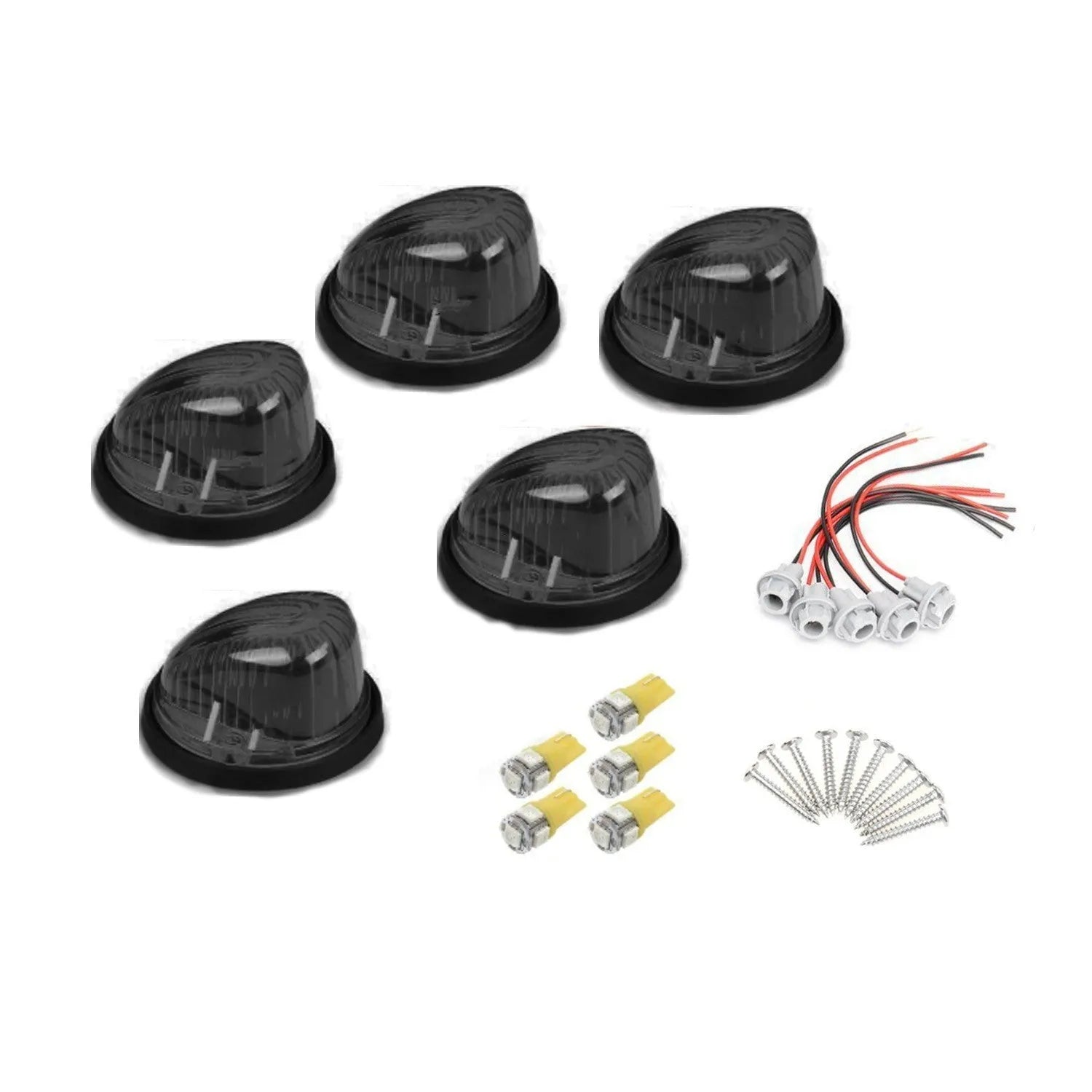 Five yellow LED roof cab marker lights for trucks with bases, bulbs, screws, and wiring sockets.